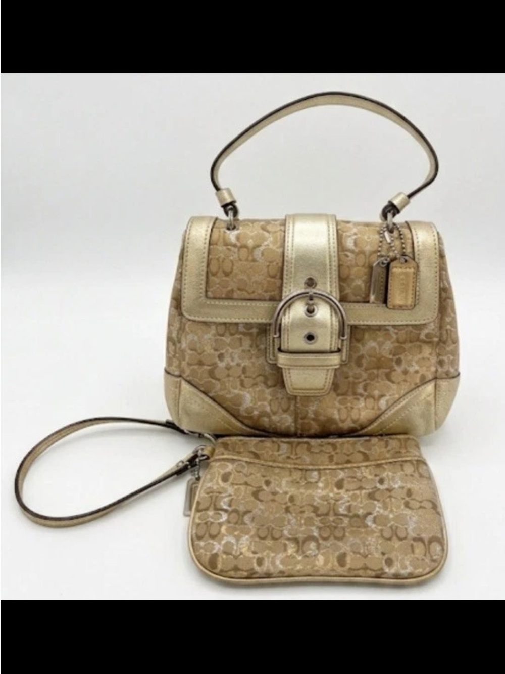 Coach Soho Lurex Gold/Silver Signature Jacquard Top-Handle Handbag/Wristlet Set
